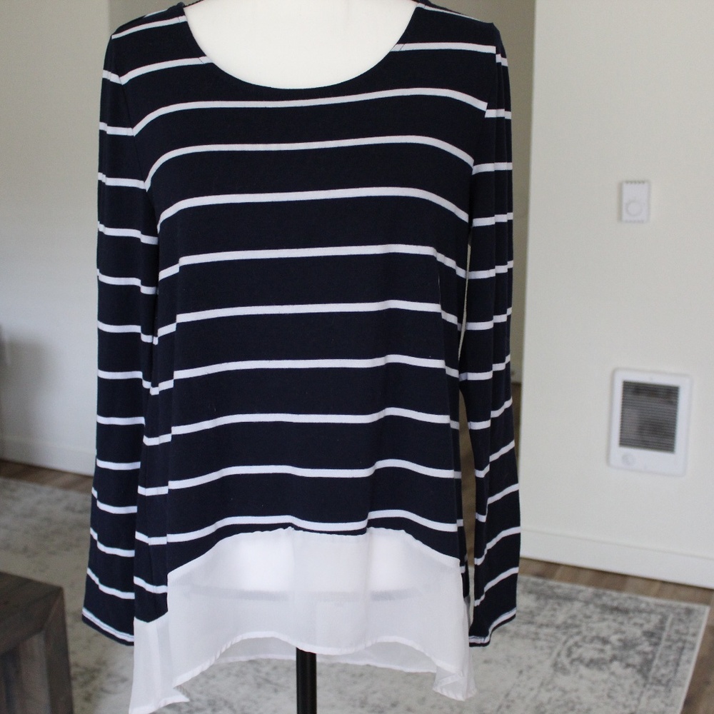 Navy and White Striped Sheer Hem Top